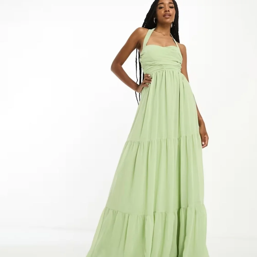 ASOS DESIGN Tall ruched bodice halter tiered maxi dress Sage green Wedding Y2K - Picture 5 of 13